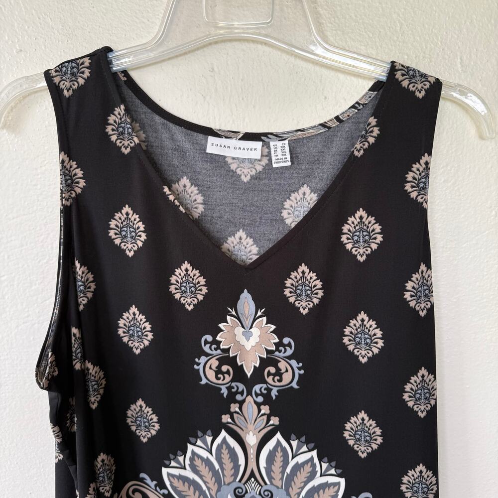 Susan Graver Liquid Knit V-neck tank top black and tan paisley pattern size 2X - Picture 4 of 9